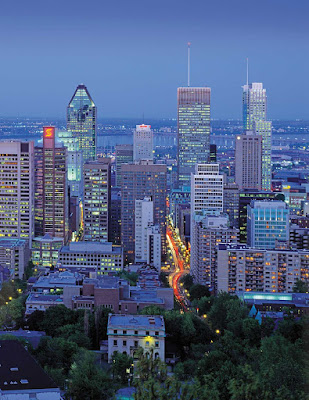 The Montreal cityscape at dusk.