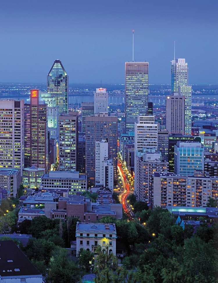 The Montreal cityscape at dusk.