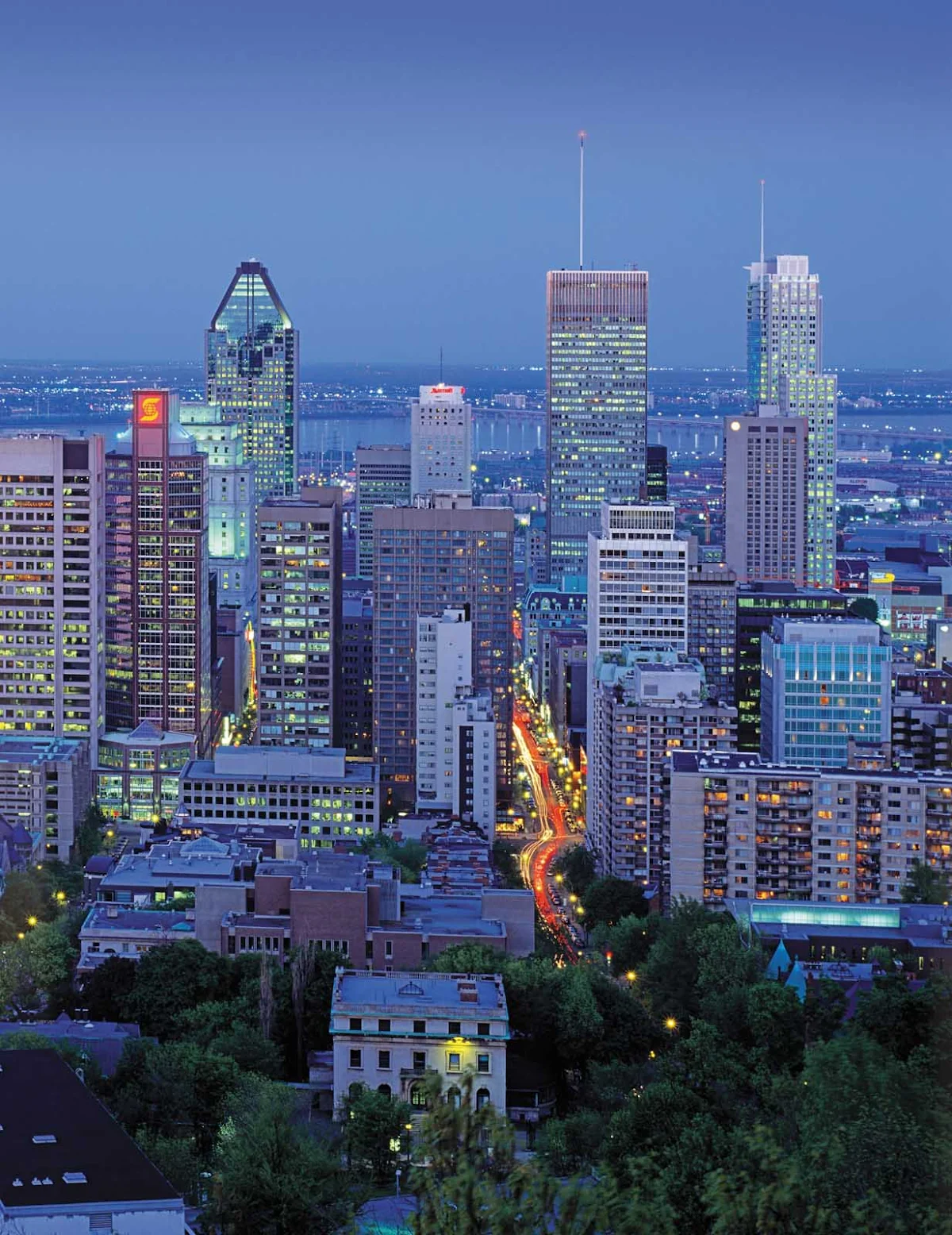 Montreal-cityscape-dusk - The Montreal cityscape at dusk.