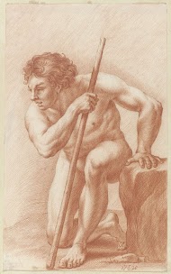 Knielende naakte jongeling met stok