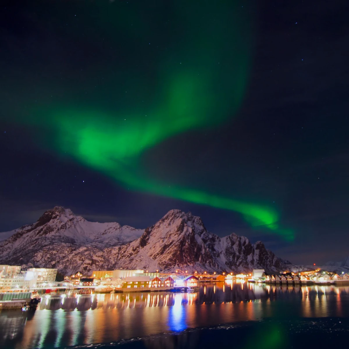 hurtigruten-northern-lights-3 - A dazzling display of the aurora borealis captured over Svolvaer near the coastline of Norway from the top deck of Hurtigruten's cruise ship Finnmarken. 