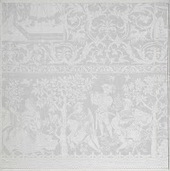 Fragment van een tafellaken van linnendamast met voorstelling: geschiedenis van Susanna; rand met muzikanten en vrouwen