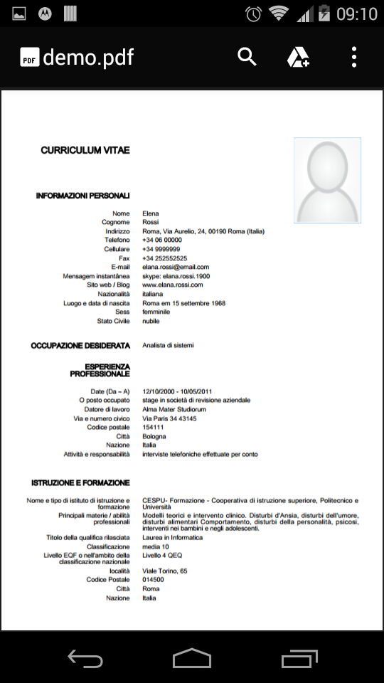 Android application Curriculum vitae europeu PREMI screenshort