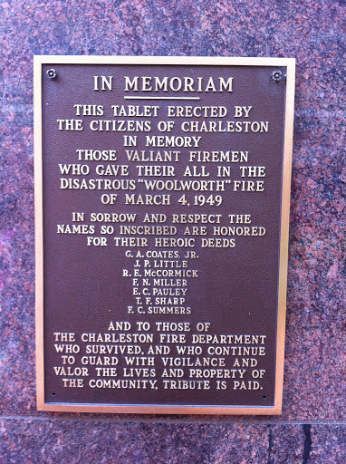 Charleston Firemen Memorial Tablet