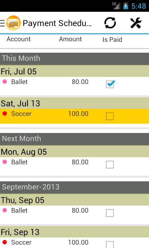 Payment Scheduler Screen 1