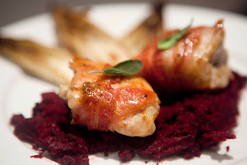 Sage Stuffed Chicken Wrapped in Pancetta, with Beetroot Puree and Roasted Witlof