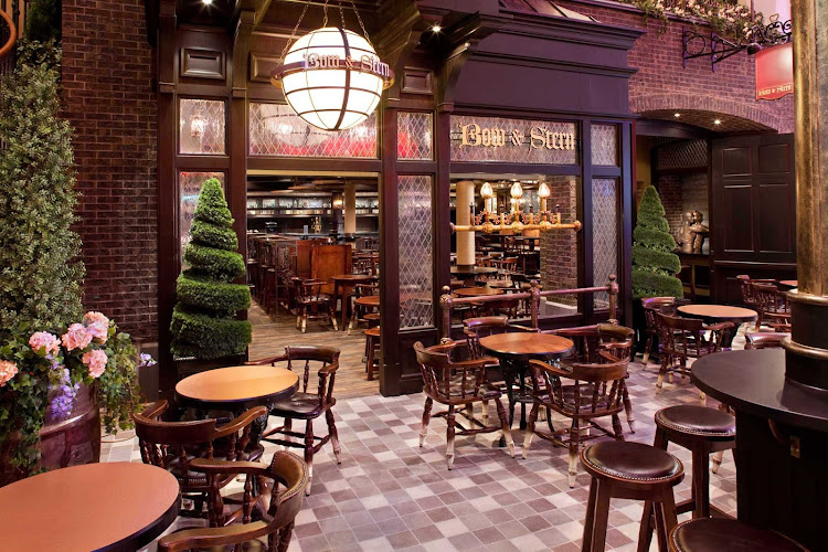 Have a drink, British style, at the Bow & Stern on the Royal Promenade of Allure of the Seas. An English pub with dark wood, nautical decor, live entertainment and an extensive list of brews, it seats 128 and smoking is permitted.