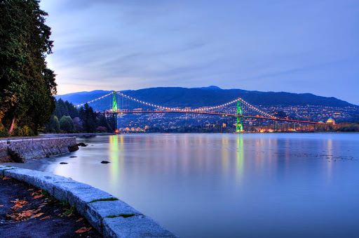 dusk-lionsgate-Bridge-Vancouver-British-Columbia - Lions Gate Bridge, opened in 1938, connects Vancouver to the North Shore in British Columbia.