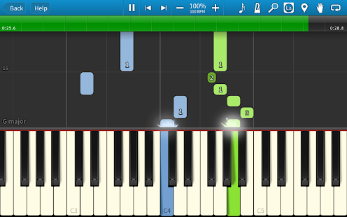 Game play of Synthesia, a guitar-hero style app that teaches players songs.