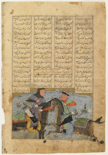 Folio from a Shahnama (Book of kings) by Firdawsi (d.1020); verso: Rustam fights with Afrasiyab; recto: text: One hundred and twenty years of Keyqubad reign