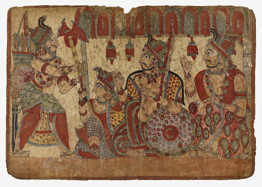 Unidentified Scene- Disguised Ghatotkacha Arriving at Vatsala's house (?), Scene from the Story of the Marriage of Abhimanyu and Vatsala, Folio from a Mahabharata ([War of the] Great Bharatas)