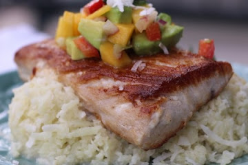 Pan Seared Mahi Mahi over Sticky Coconut "Rice" with Mango Salsa