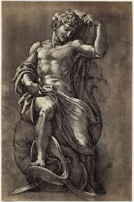 Fotoreproductie van een tekening van Giovanni Francesco Penni, figuurstudie van een man staand op een vis