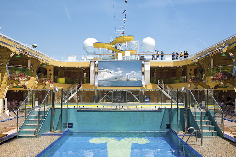 The large outdoor LED screen above Lido Sole, one of the pool areas on deck 9 of Costa Serena, shows movies, sporting events and concerts.