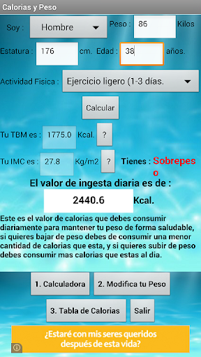 Calculadora Calorias y Peso