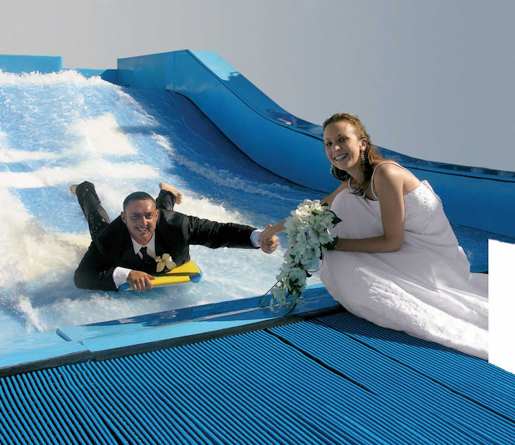 There's nothing more romantic than exchanging vows at Freedom of the Seas'  wedding chapel, unless of course it's on the FlowRider surf simulator. 