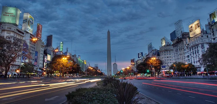 A view of the Plaza de la República and the Obelisk of Buenos Aires, a national historic monument and icon of Argentina's capital. 