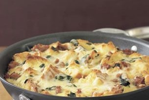 Strata with Chard, Sausage and Caramelized Onions