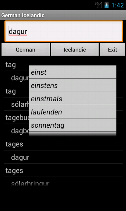 German Icelandic Dictionary Screen 1