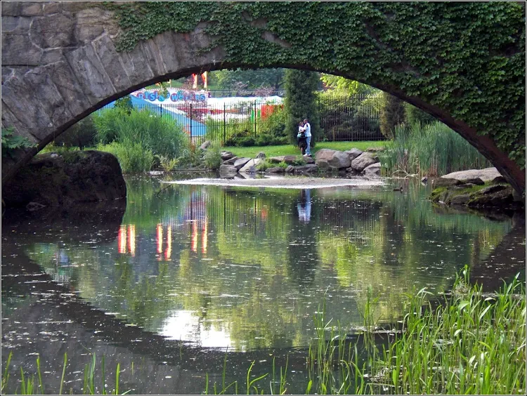 Reflection beneath Central Park bridge in New York City.