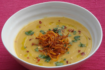 Sweet Potato, Orange and Ginger Cream Soup with Crispy Sweet Potatoes and Chilli Flakes