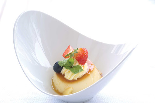 A custard dessert straight from the kitchen on Queen Mary 2. The ship offers multiple dining options for breakfast, lunch and dinner.