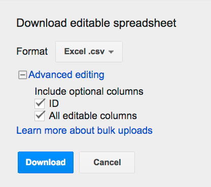 Bulk editing: Download spreadsheet