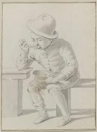 Zittende soep etende jongen met hoed