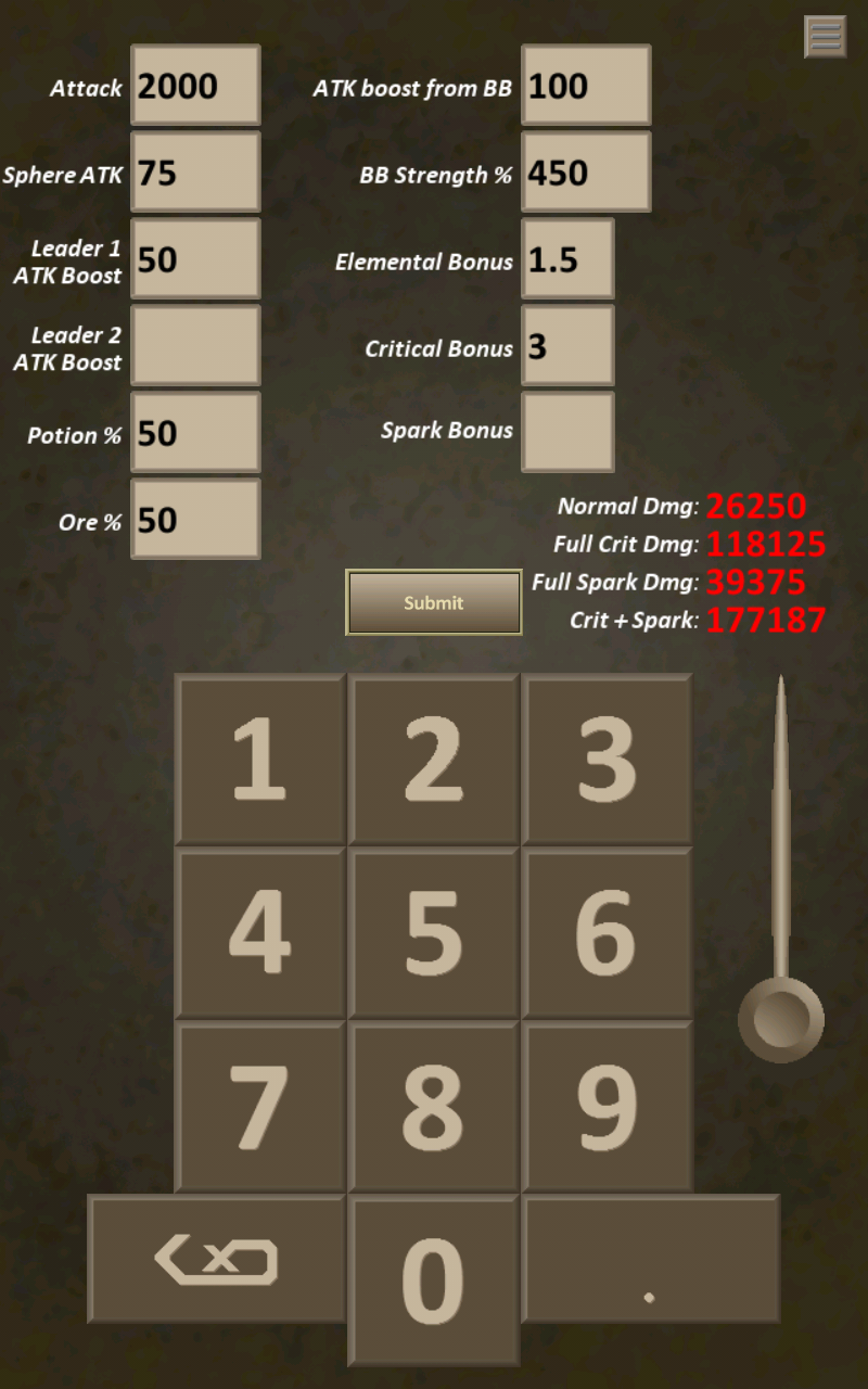 DMG Calculator: Brave Frontier Screen 2