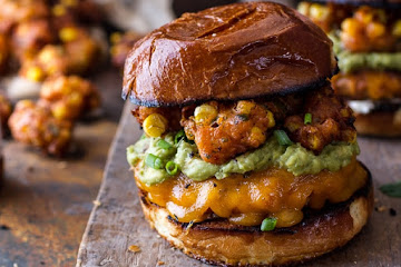 Smoky Chipotle Cheddar Burgers with Mexican Street Corn Fritters.