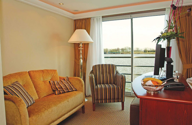 Unwind in the comfort and privacy of your stateroom's lounge on AmaDagio. Staterooms feature plush down bedding, a marble-appointed bathroom, terry robes and slippers, high-speed Internet and first-run Hollywood movies on the flat-panel TV.