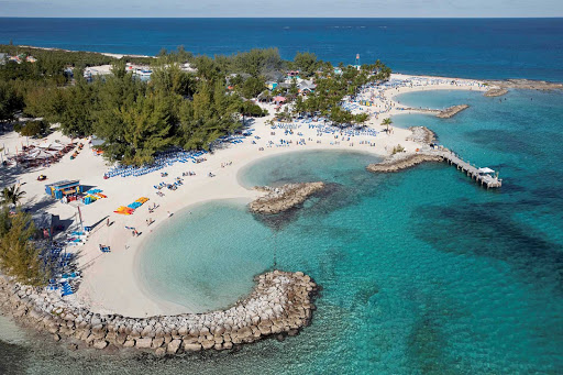 Coco-Cay-aerial-Royal-Caribbean-2 - An aerial view of CocoCay in the Bahamas, a private island reserved just for cruise ship guests and run by Royal Caribbean.