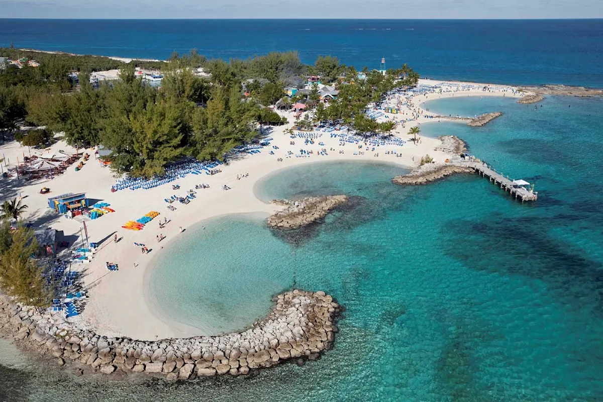 Coco-Cay-aerial-Royal-Caribbean-2 - An aerial view of CocoCay in the Bahamas, a private island reserved just for cruise ship guests and run by Royal Caribbean.