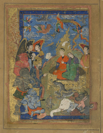 Folio from an unidentified text; Sulayman and Bilqis enthroned