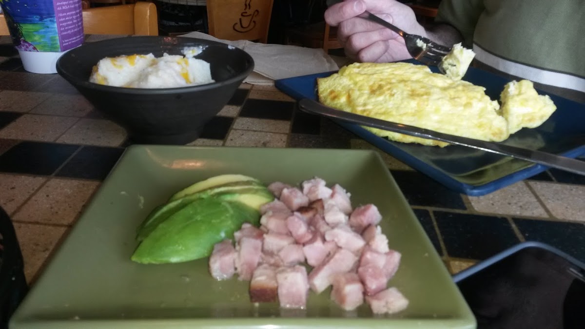 GF swiss cheese omelet with grits, avocado and ham