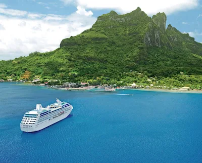 Ocean Princess — the smallest ship in the Princess fleet along with her twin, Pacific Princess — moors off the beautiful tropical paradise of Bora Bora.