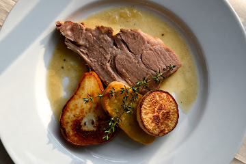 Braised Pork Roast with Onion Jus, Pears, Turnips and Potatoes