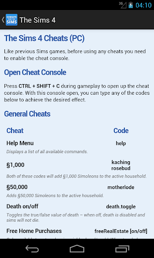 Cheats for The Sims