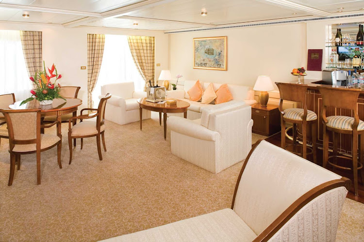 The extravagent Grand Suite aboard Silver Whisper offers a large living room with sitting area and plenty of room to spread out.