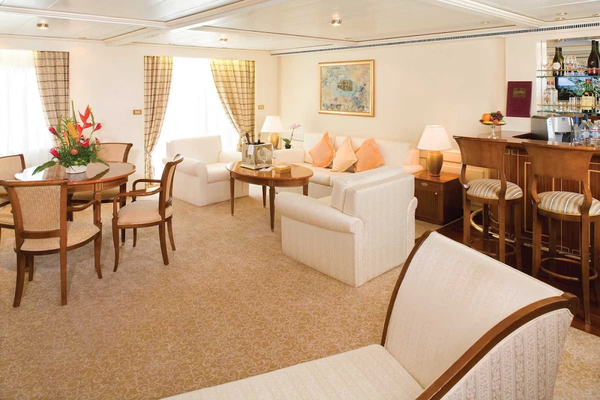 Silversea_Grand_Suite-1 - The extravagent Grand Suite aboard Silver Whisper offers a large living room with sitting area and plenty of room to spread out.