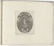 Jupiter met adelaar, geflankeerd door twee fantasiewezens gekleed in een pij, met lange (ezels)oren