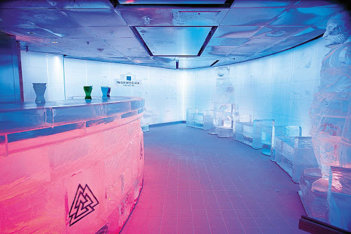 Norwegian-Epic-Svedka-Ice-Bar - The one-of-a-kind Svedka Ice Bar on Norwegian Epic features towering ice sculptures, sculpted ice tables and chairs, and cold drinks for your enjoyment.
