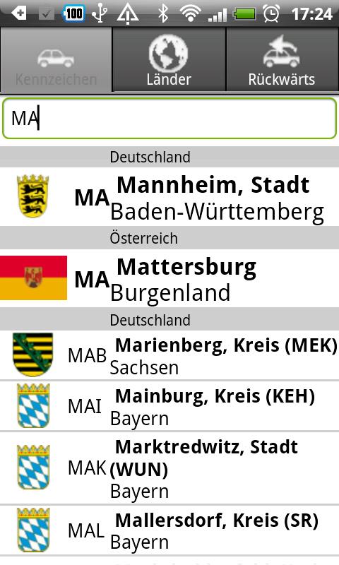 Android application KFZ Kennzeichen D/A/CH/I/PL/F screenshort