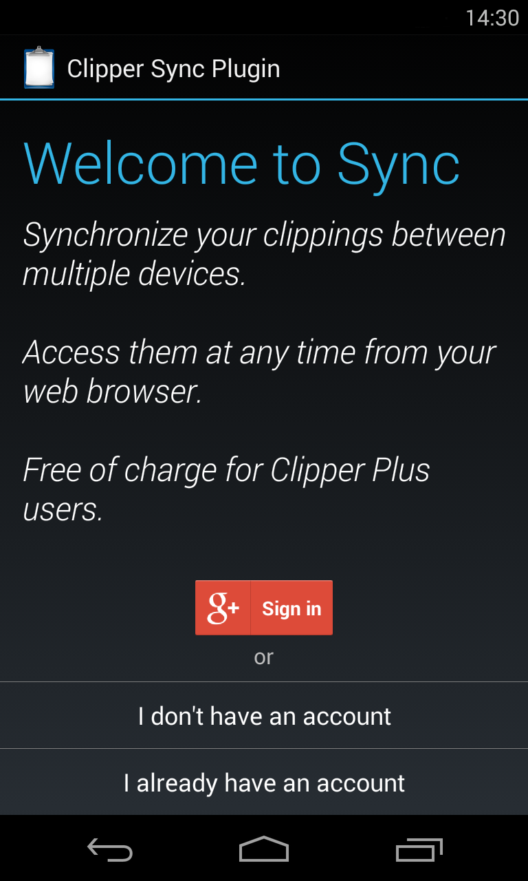 Clipper Sync Plugin Screen 1