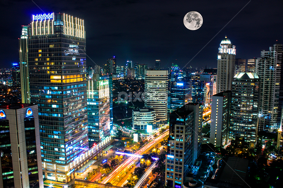 Moon City by Chandra Irahadi - City,  Street & Park Night