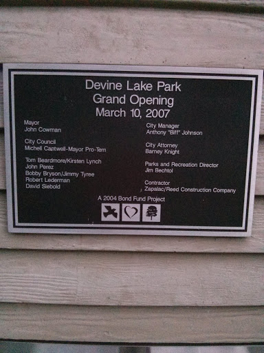 Devine Lake Park Dedication Sign