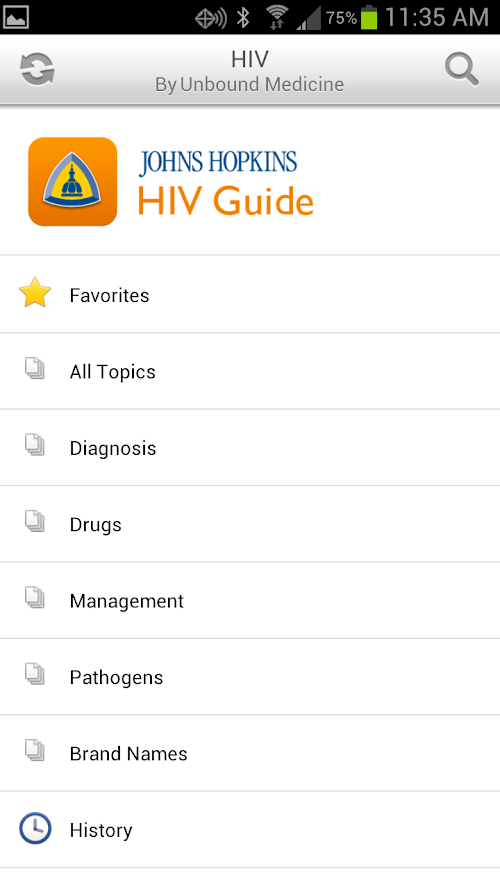 Android application Johns Hopkins HIV Guide screenshort