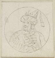 Buste van een man met baard en puntmuts in een cirkel