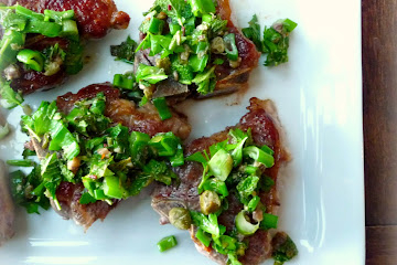Lamb Loin Chops with Lemon Mint Salsa Verde and Flageolets