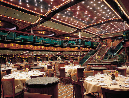 The London Dining Room, one of the two main dining rooms aboard Carnival Sunrise.